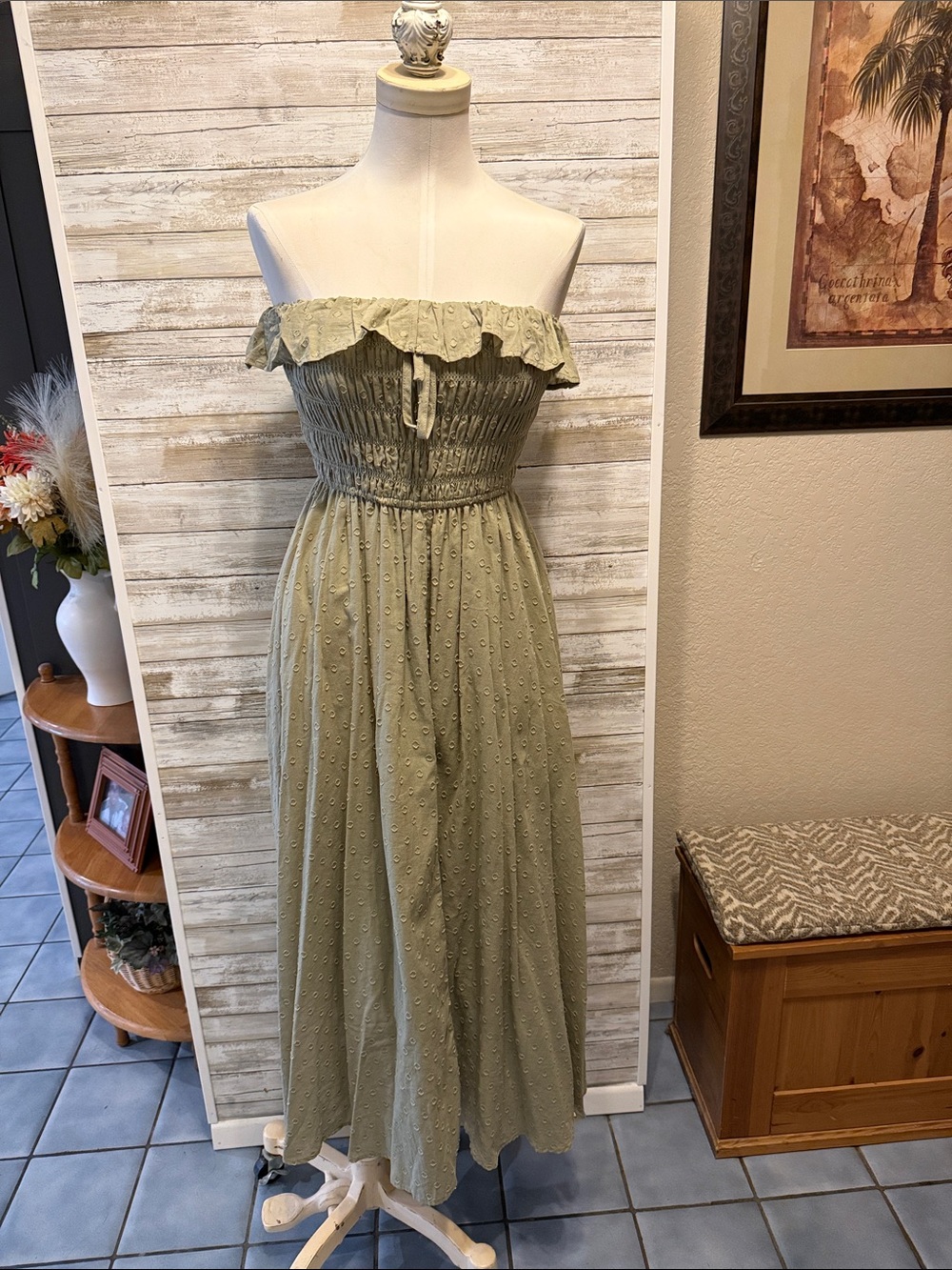 Strapless Smocked Maxi Dress in Olive Green